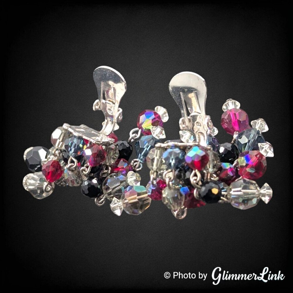 VTG 50s LAGUNA Multicolor Cha Cha Beaded Cluster Silver Tone  Clip On Earrings - Picture 7 of 10